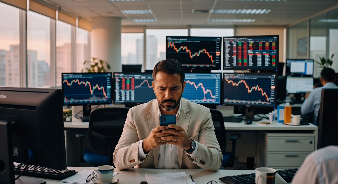 Executivo de terno bege usando smartphone em mesa de operações com monitores exibindo gráficos de bolsa e cotações financeiras