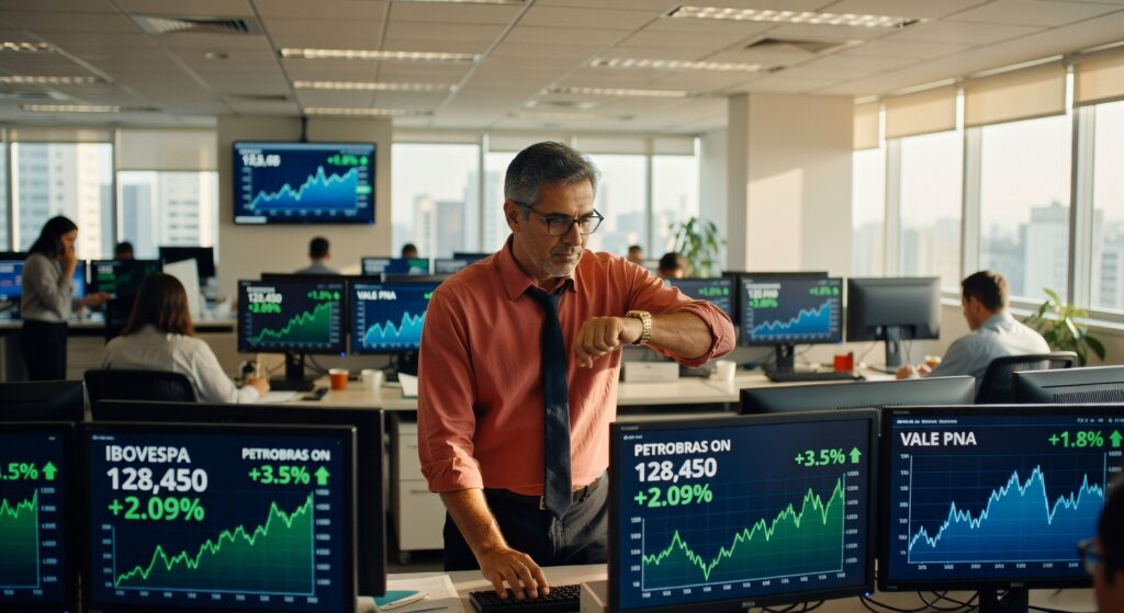 Profissional de camisa laranja observa monitores com gráficos do Ibovespa e ações da Petrobras em trading floor, bolsa de valores