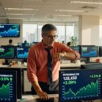 Profissional de camisa laranja observa monitores com gráficos do Ibovespa e ações da Petrobras em trading floor, bolsa de valores