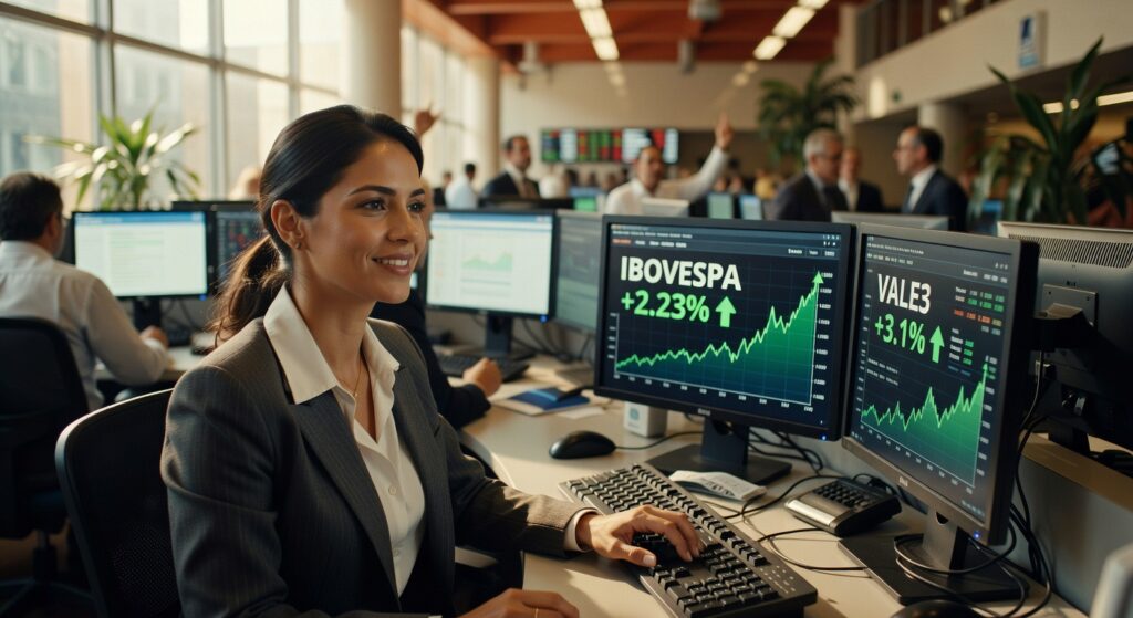 Profissional em mesa de operações observa gráficos do Ibovespa e Vale3 com alta de 2,23% e 3,1% respectivamente bolsa valores
