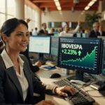 Profissional em mesa de operações observa gráficos do Ibovespa e Vale3 com alta de 2,23% e 3,1% respectivamente bolsa valores