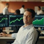 Homem de camisa azul sorrindo em escritório com múltiplos monitores exibindo gráficos verdes de alta no mercado financeiro