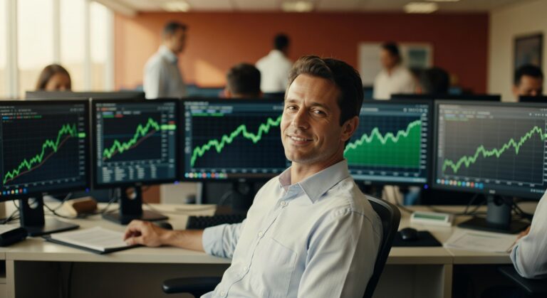 Homem de camisa azul sorrindo em escritório com múltiplos monitores exibindo gráficos verdes de alta no mercado financeiro