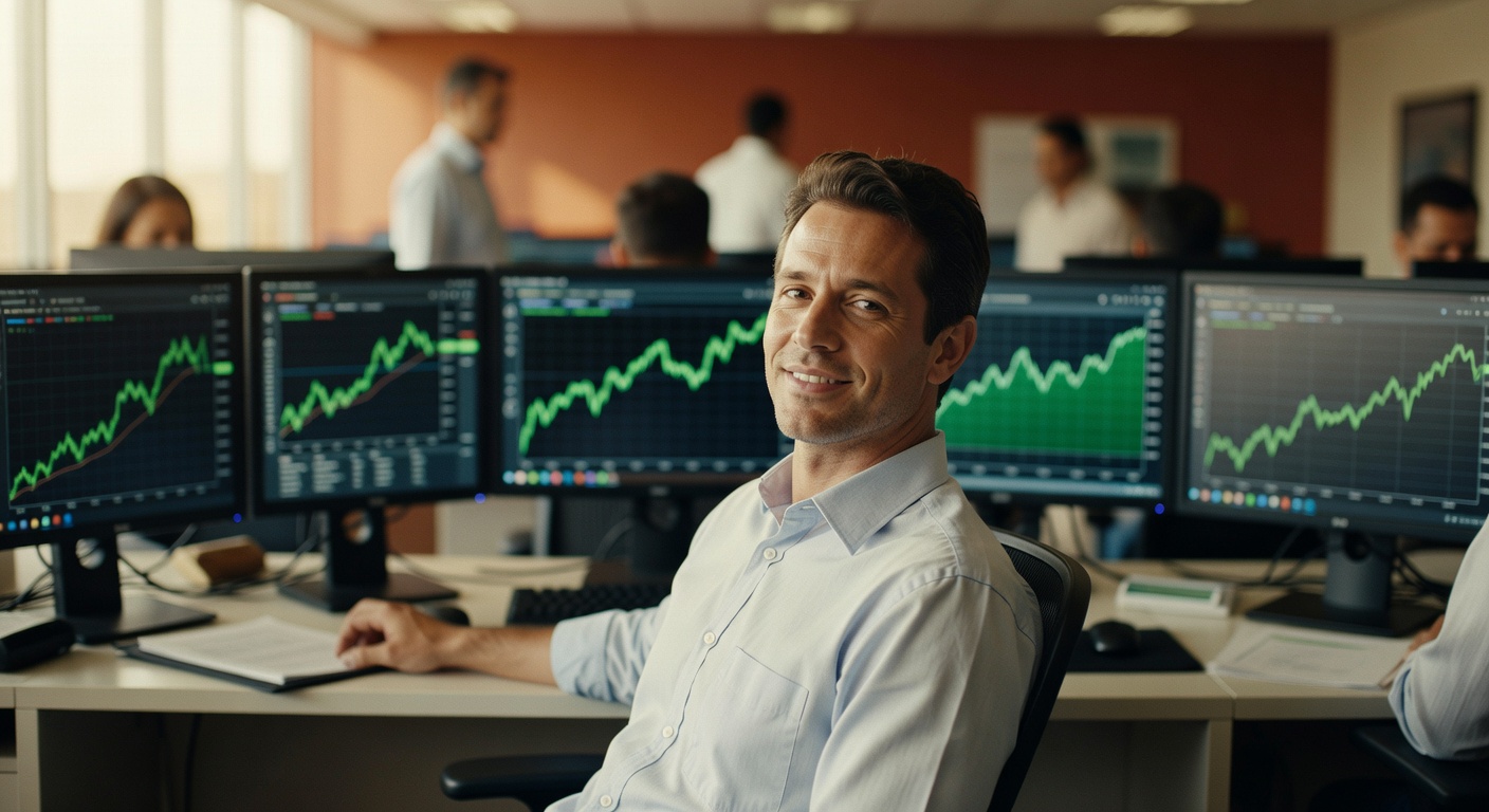 Homem de camisa azul sorrindo em escritório com múltiplos monitores exibindo gráficos verdes de alta no mercado financeiro