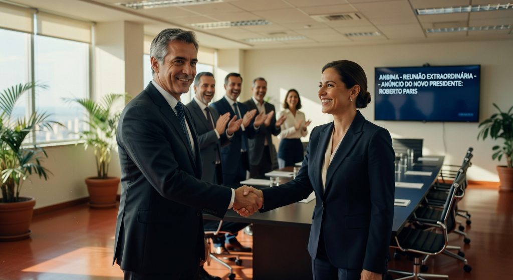 Executivos em sala de reunião corporativa apertando mãos durante anúncio de nova presidência da Anbima, mercado de capitais brasileiro