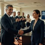 Executivos em sala de reunião corporativa apertando mãos durante anúncio de nova presidência da Anbima, mercado de capitais brasileiro