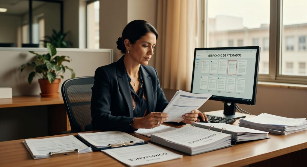 Mulher executiva em escritório analisando documentos de compliance e verificação de atestados em computador, gestão empresarial