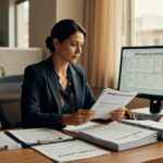 Mulher executiva em escritório analisando documentos de compliance e verificação de atestados em computador, gestão empresarial