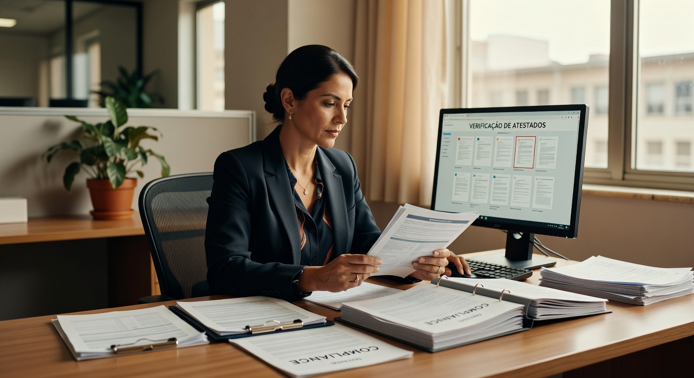 Mulher executiva em escritório analisando documentos de compliance e verificação de atestados em computador, gestão empresarial