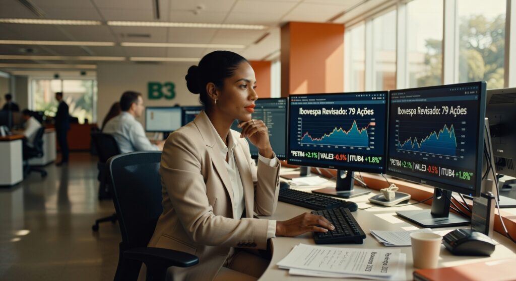 Profissional em terno bege analisa gráficos do Ibovespa em monitores duplos mostrando 79 ações, mercado financeiro B3