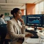 Profissional em terno bege analisa gráficos do Ibovespa em monitores duplos mostrando 79 ações, mercado financeiro B3