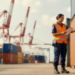 Funcionária de colete laranja inspeciona contêineres empilhados em terminal portuário com guindastes ao fundo, balança comercial