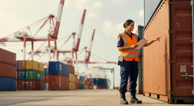 Funcionária de colete laranja inspeciona contêineres empilhados em terminal portuário com guindastes ao fundo, balança comercial