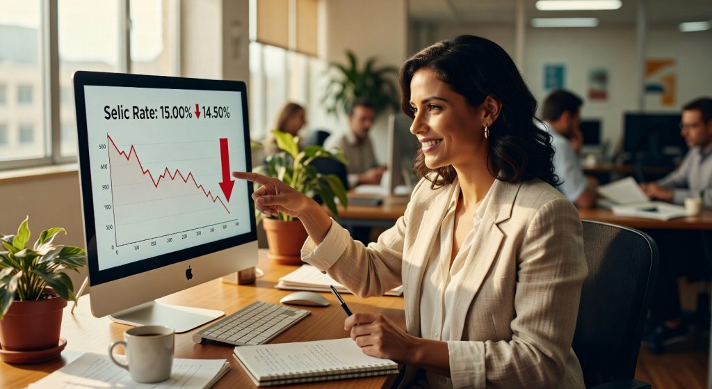 Profissional em escritório apontando para gráfico com taxa Selic caindo de 15% para 14,5%, política monetária brasileira