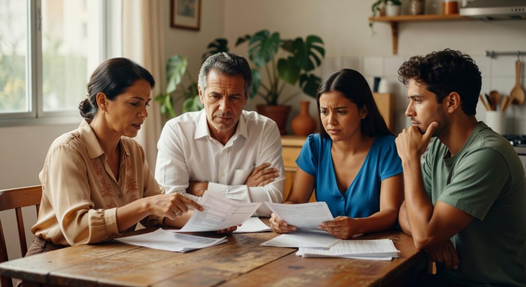 Família de quatro pessoas reunida ao redor de mesa analisando papéis e documentos financeiros crescimento econômico