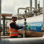 Trabalhador de capacete operando válvulas em tubulação industrial com logo Biomassa Brasil, energia renovável