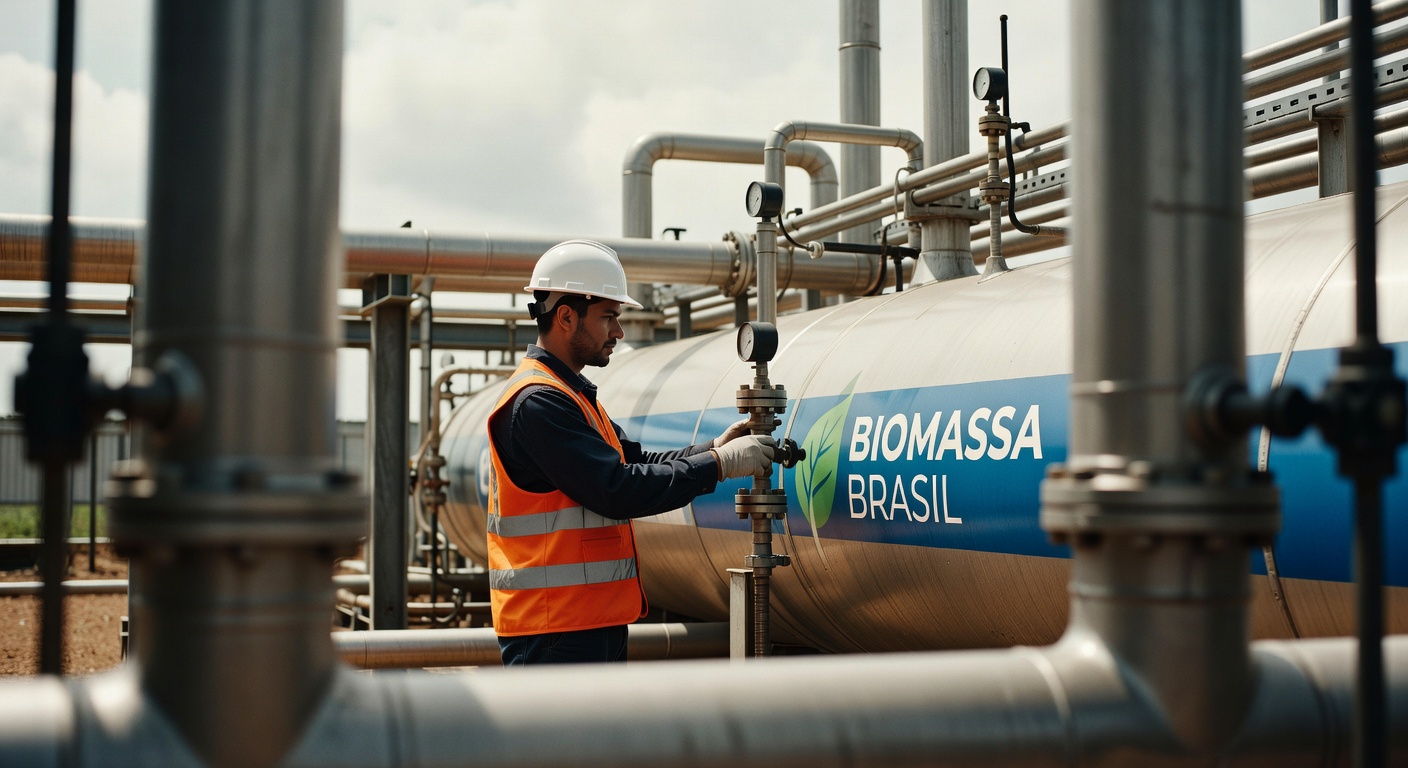 Trabalhador de capacete operando válvulas em tubulação industrial com logo Biomassa Brasil, energia renovável