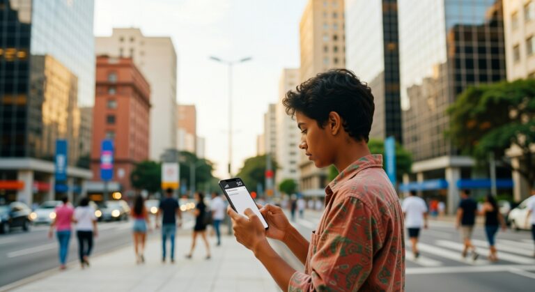 Jovem navegando em smartphone com sinal 5G em área urbana movimentada, simbolizando conectividade móvel e tecnologia