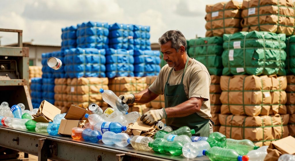 Trabalhador com avental verde separando garrafas plásticas e latas em centro de reciclagem, economia circular