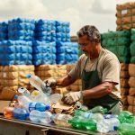 Trabalhador com avental verde separando garrafas plásticas e latas em centro de reciclagem, economia circular