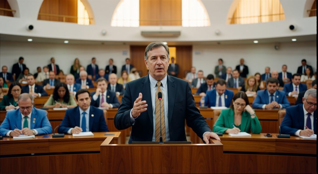 Homem de terno escuro discursando em púlpito de madeira em plenário lotado com parlamentares sentados legislação