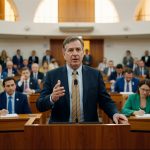 Homem de terno escuro discursando em púlpito de madeira em plenário lotado com parlamentares sentados legislação