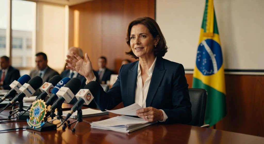 Mulher em terno escuro concede entrevista coletiva com bandeira do Brasil ao fundo, múltiplos microfones regulamentação