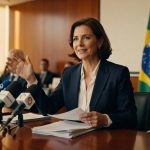 Mulher em terno escuro concede entrevista coletiva com bandeira do Brasil ao fundo, múltiplos microfones regulamentação