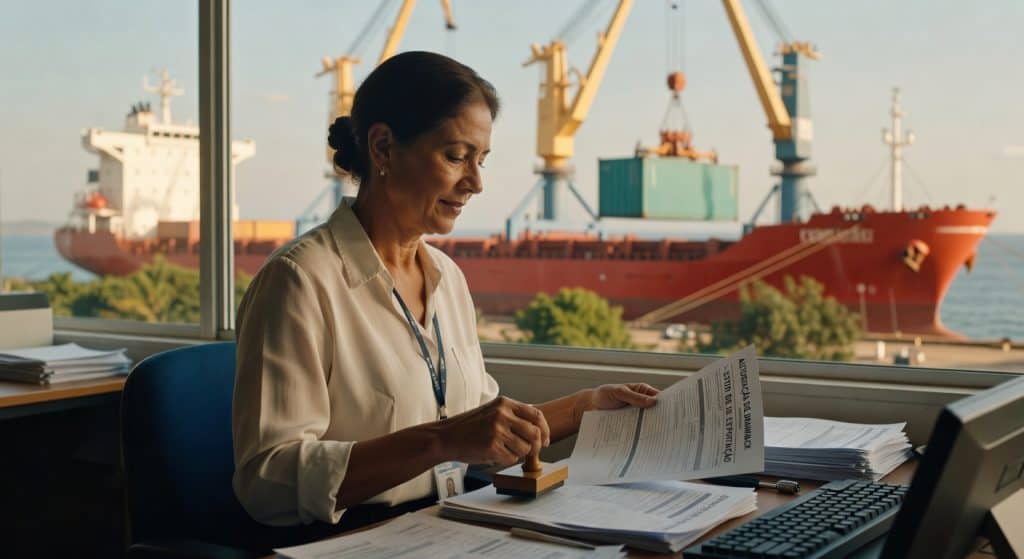 Mulher executiva revisando documentos de exportação em escritório com vista para porto e navios cargueiros