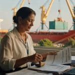 Mulher executiva revisando documentos de exportação em escritório com vista para porto e navios cargueiros