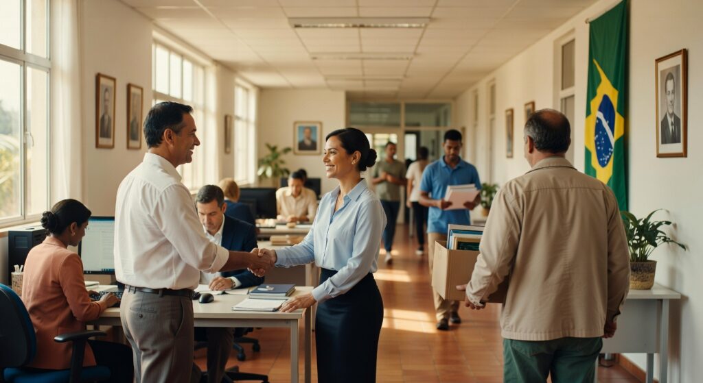 Executivos apertando mãos em escritório governamental com bandeira brasileira, representando setor público e cargos federais