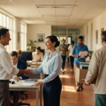 Executivos apertando mãos em escritório governamental com bandeira brasileira, representando setor público e cargos federais