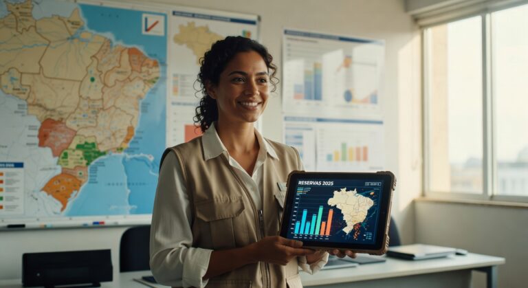Mulher em escritório segura tablet com gráficos de reservas 2025 e mapa do Brasil ao fundo, dados petróleo