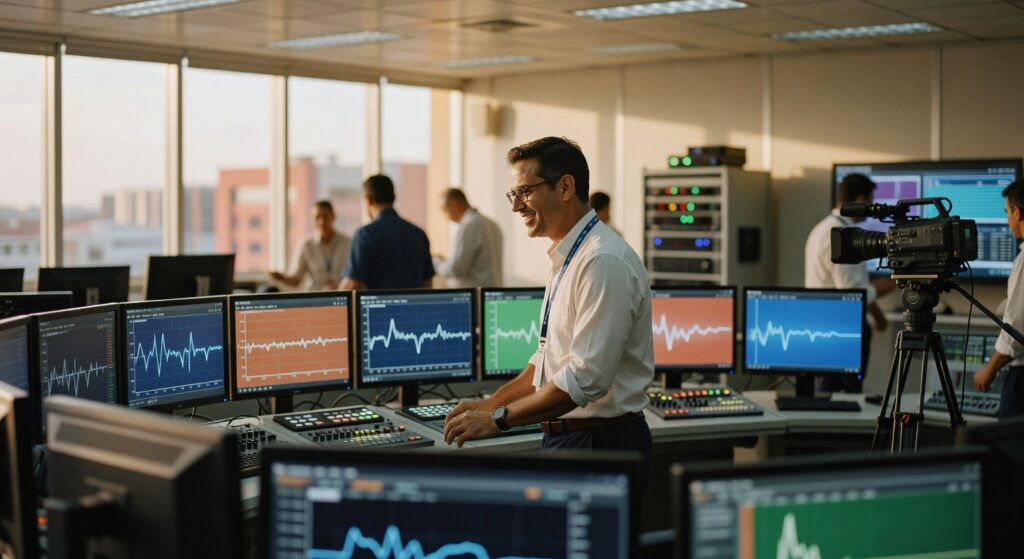 Profissional sorridente em sala de controle com múltiplos monitores exibindo gráficos e dados, equipamentos de transmissão
