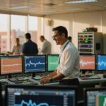 Profissional sorridente em sala de controle com múltiplos monitores exibindo gráficos e dados, equipamentos de transmissão