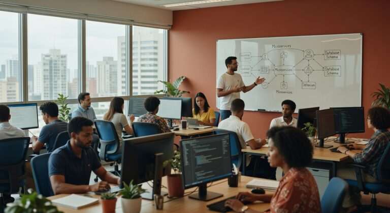 Profissionais de tecnologia em sala de treinamento com computadores e quadro sobre microserviços setor TI