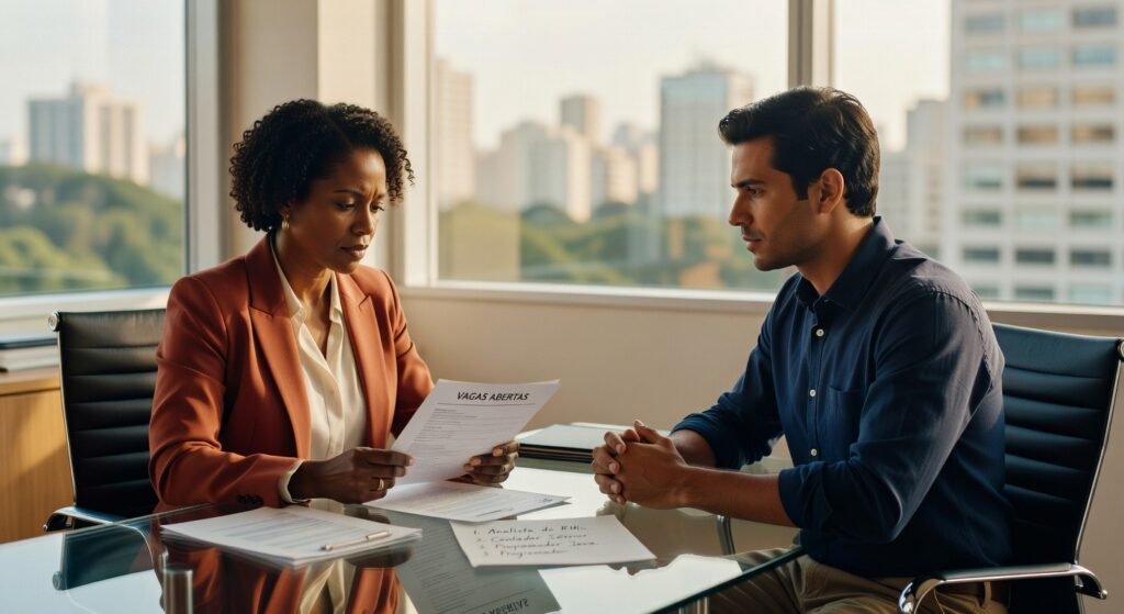 Profissional de RH entrevistando candidato com documento de vagas abertas sobre mesa, mercado de trabalho