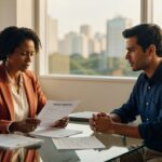 Profissional de RH entrevistando candidato com documento de vagas abertas sobre mesa, mercado de trabalho