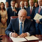 Presidente da República assinando documento oficial em cerimônia com ministros e autoridades presentes acordo comercial