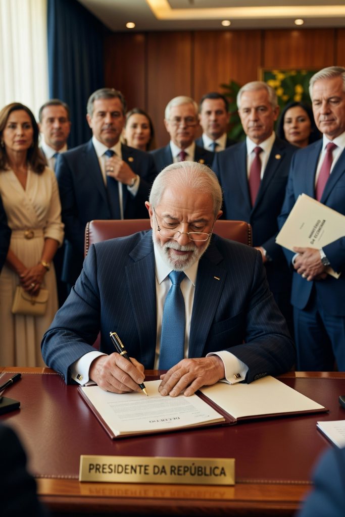 Presidente da República assinando documento oficial em cerimônia com ministros e autoridades presentes acordo comercial