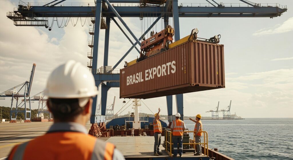 Trabalhadores portuários operando guindaste com contêiner escrito Brasil Exports em terminal marítimo, comércio exterior