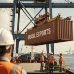 Trabalhadores portuários operando guindaste com contêiner escrito Brasil Exports em terminal marítimo, comércio exterior