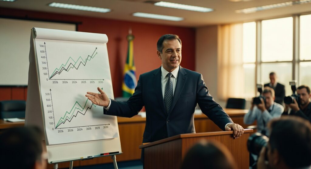 Executivo apresentando gráficos de crescimento em flipchart com bandeira do Brasil ao fundo, projeções fiscais PIB
