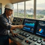 Operador de capacete branco monitora painéis de controle com gráficos de energia em sala de operações de hidrelétrica