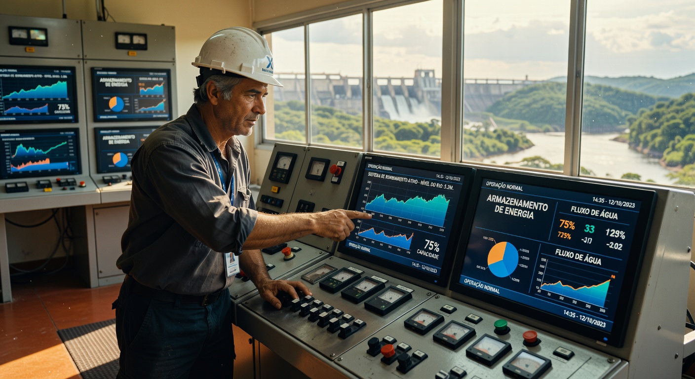 Operador de capacete branco monitora painéis de controle com gráficos de energia em sala de operações de hidrelétrica