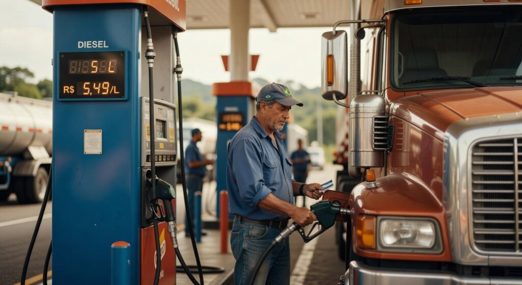 Caminhoneiro abastecendo caminhão com diesel em posto de combustível mostrando preço R$ 5,49/L - mercado combustíveis