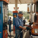 Caminhoneiro abastecendo caminhão com diesel em posto de combustível mostrando preço R$ 5,49/L - mercado combustíveis