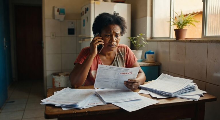Mulher negra falando ao telefone enquanto analisa documentos financeiros em mesa da cozinha, inadimplência cobrança