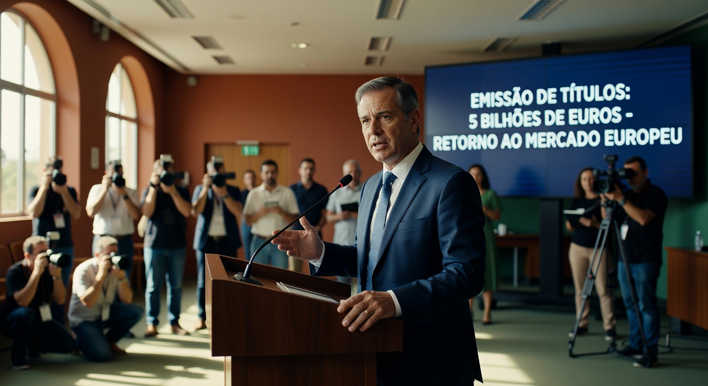 Executivo em coletiva de imprensa anunciando emissão de 5 bilhões de euros no mercado europeu, títulos públicos