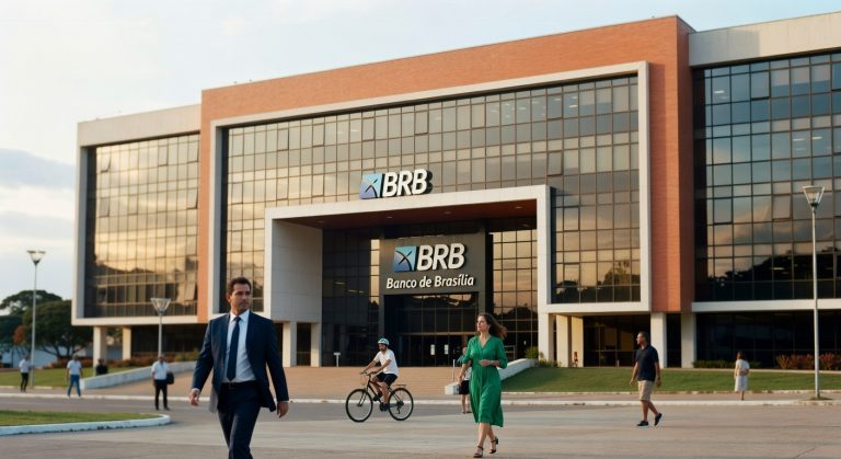 Edifício moderno sede do BRB Banco de Brasília com fachada de vidro e pessoas caminhando em frente, setor bancário